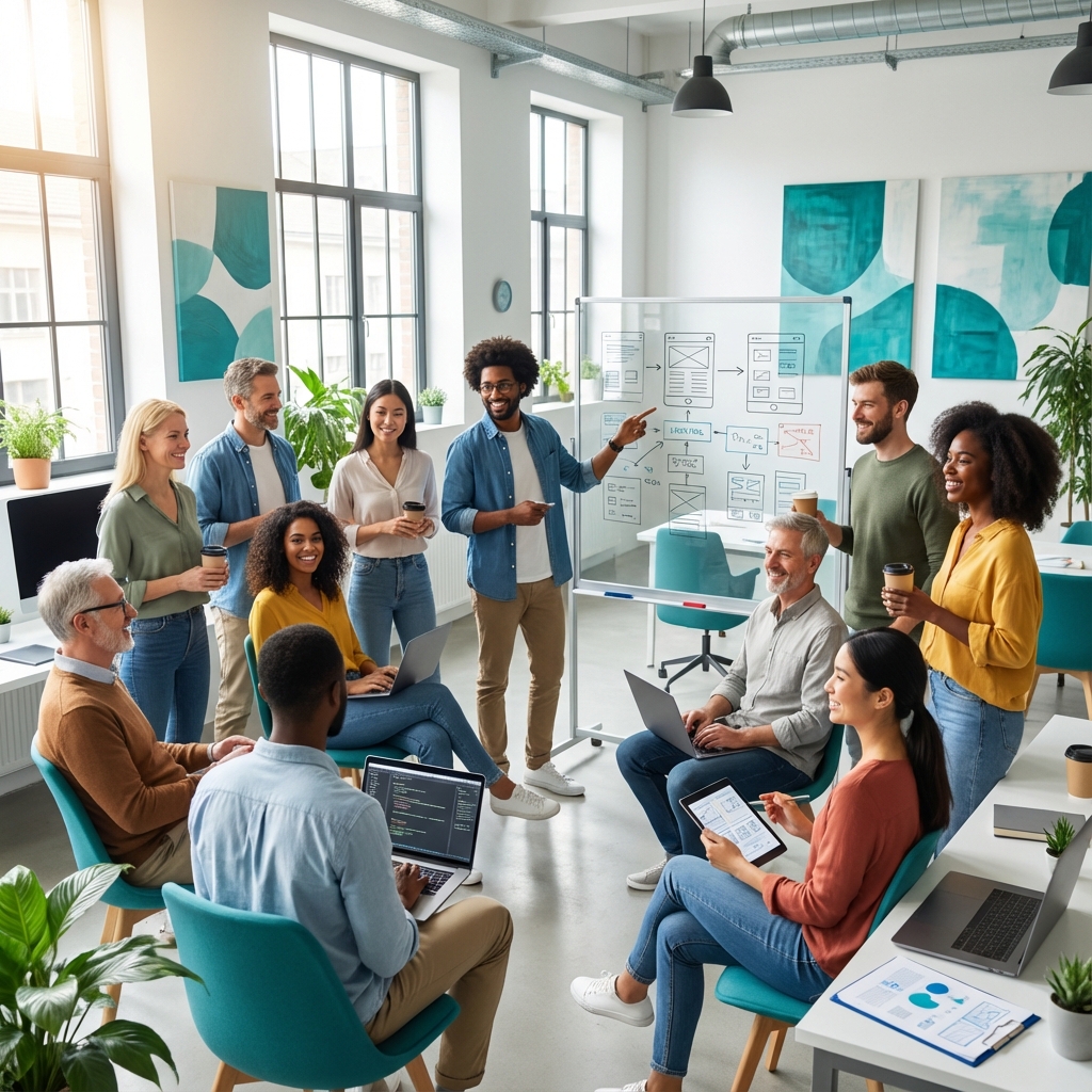 Team collaborating at whiteboard